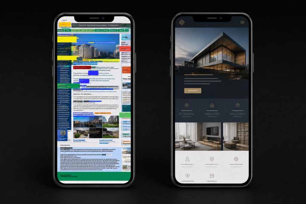 Mobile website comparison: broken vs responsive design Signs your website is losing clients on mobile: broken cluttered layout versus a clean responsive mobile website design