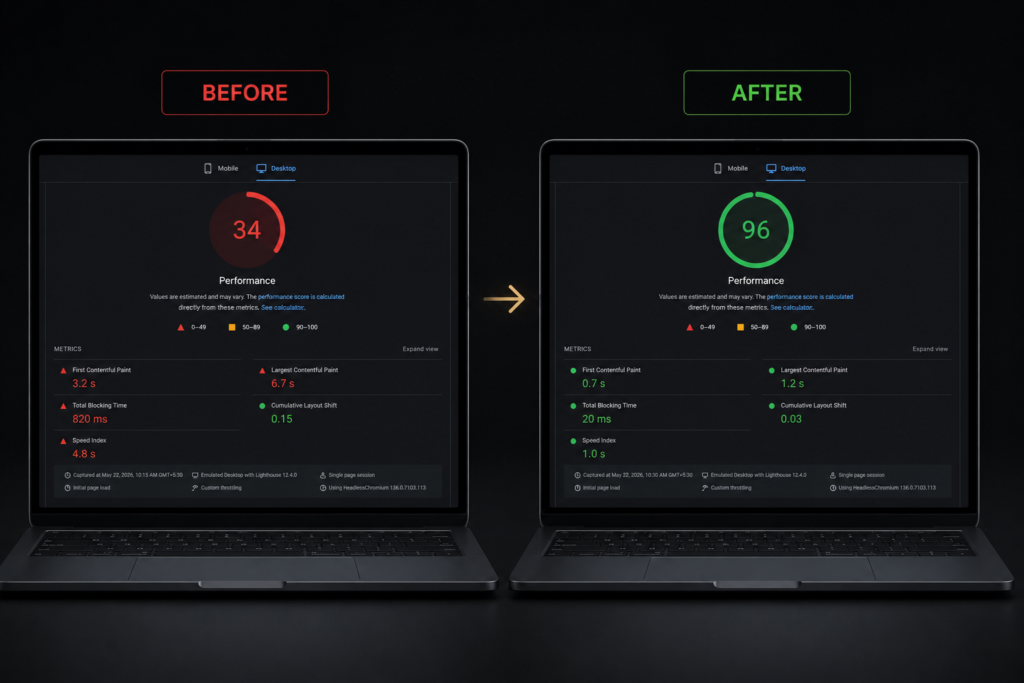 Slow WordPress website PageSpeed score of 34 before optimization versus 96 after rebuilding with clean custom WordPress code