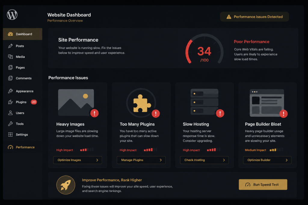 Slow WordPress website dashboard showing a performance score of 34 out of 100 with high impact issues including heavy images, too many plugins, slow hosting and page builder bloat